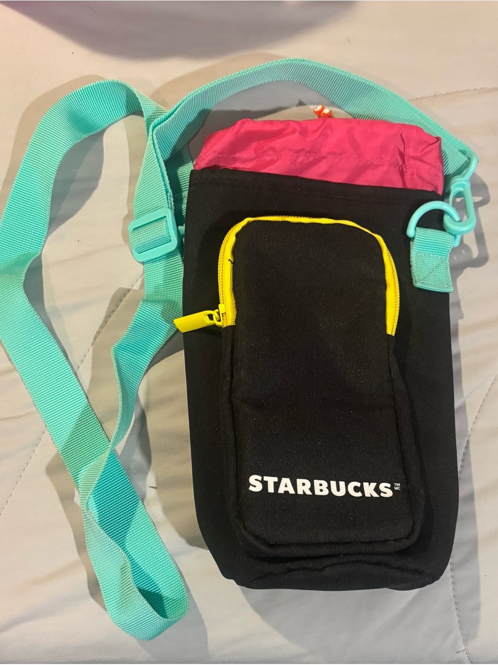 Starbucks Black Bottle Holder Crossbody Pouch with Teal Strap and Pink Top